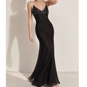 NWT Y2K Black Silver Maxi Prom Dress Beaded L Whimsigoth Tattoo Vamp Gothic
